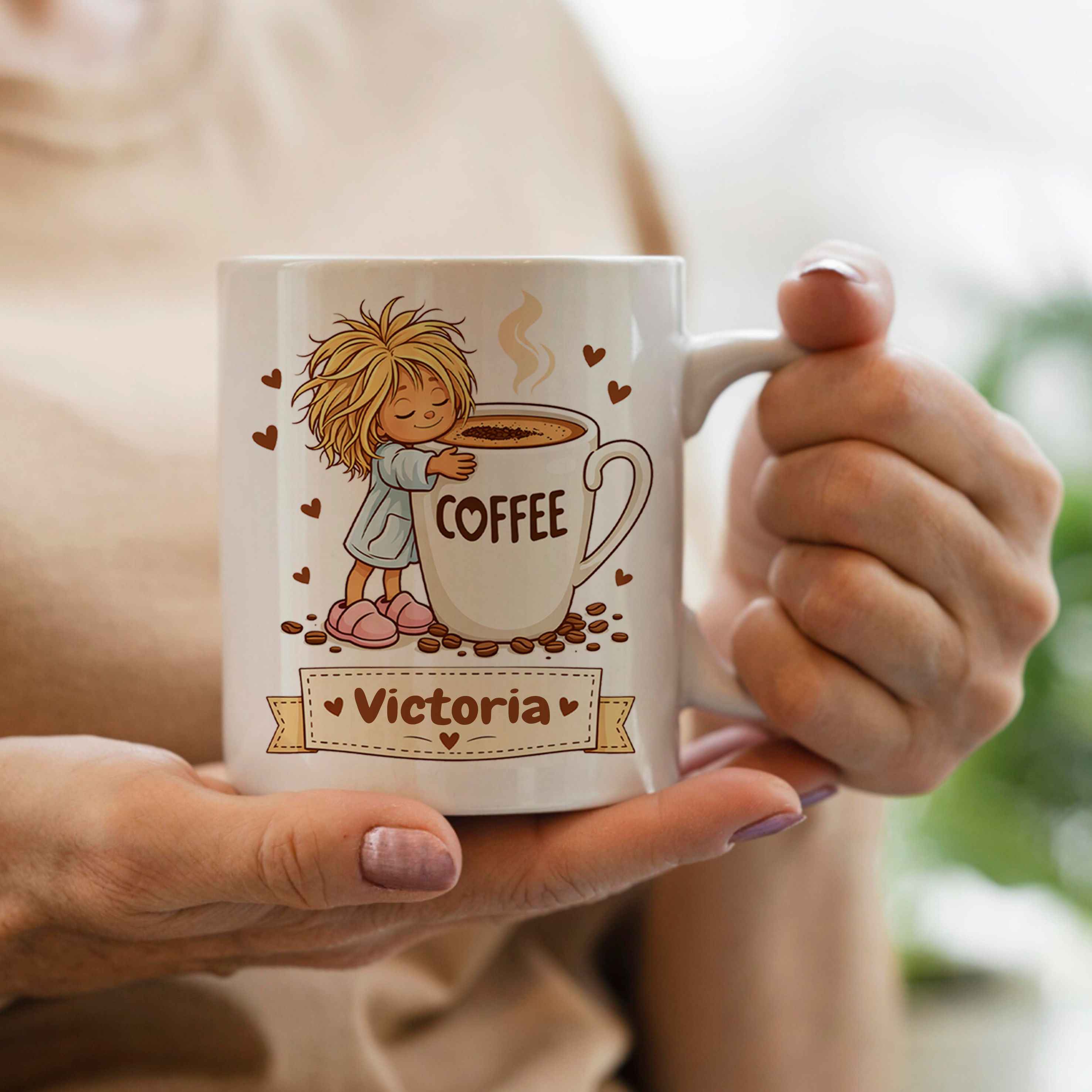Personalised Cute Girl Hugging Coffee Cup